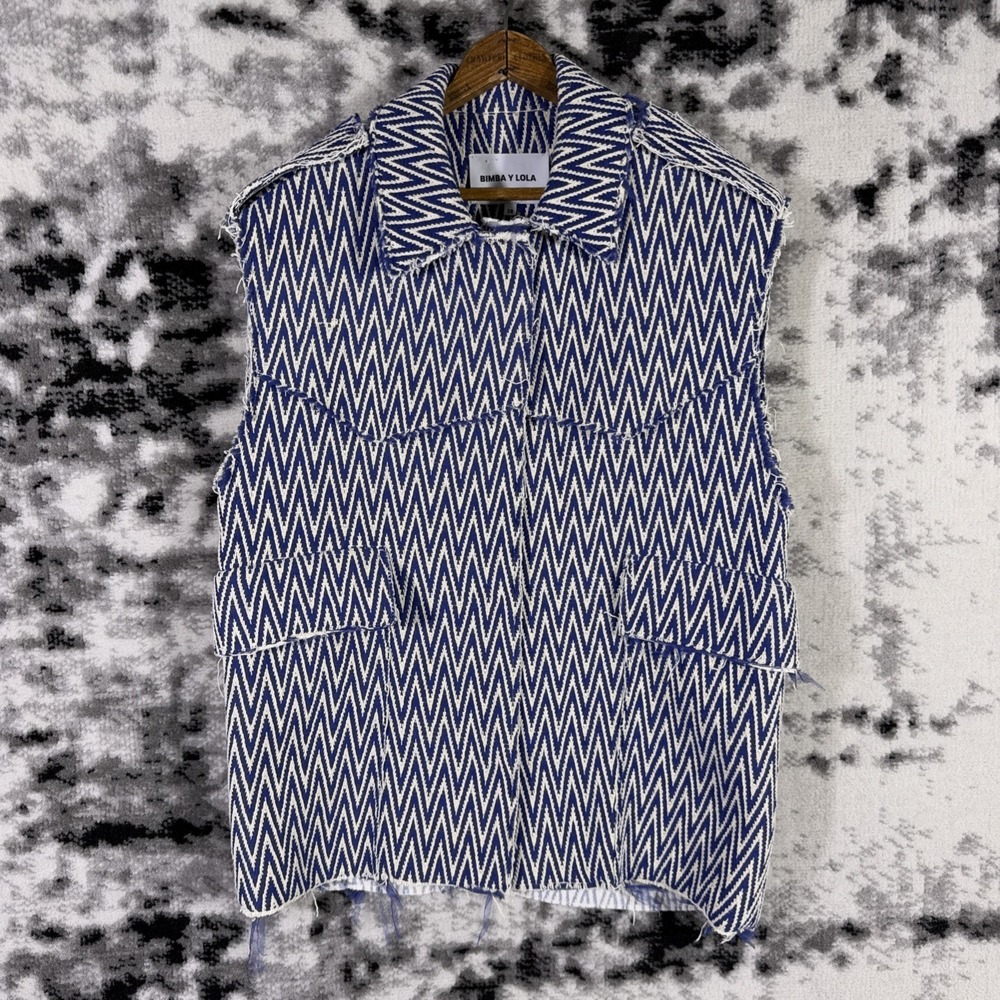 Bimba Y Lola Jacket‎ Womens Size 38 Blue White Knit Pockets Snap Up Sleeveless